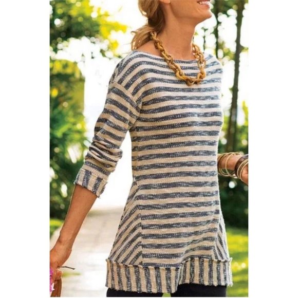 Soft Surroundings Marina Sweater Sz Large Navy Khaki Stripe Pullover Top Flowy - Picture 1 of 14